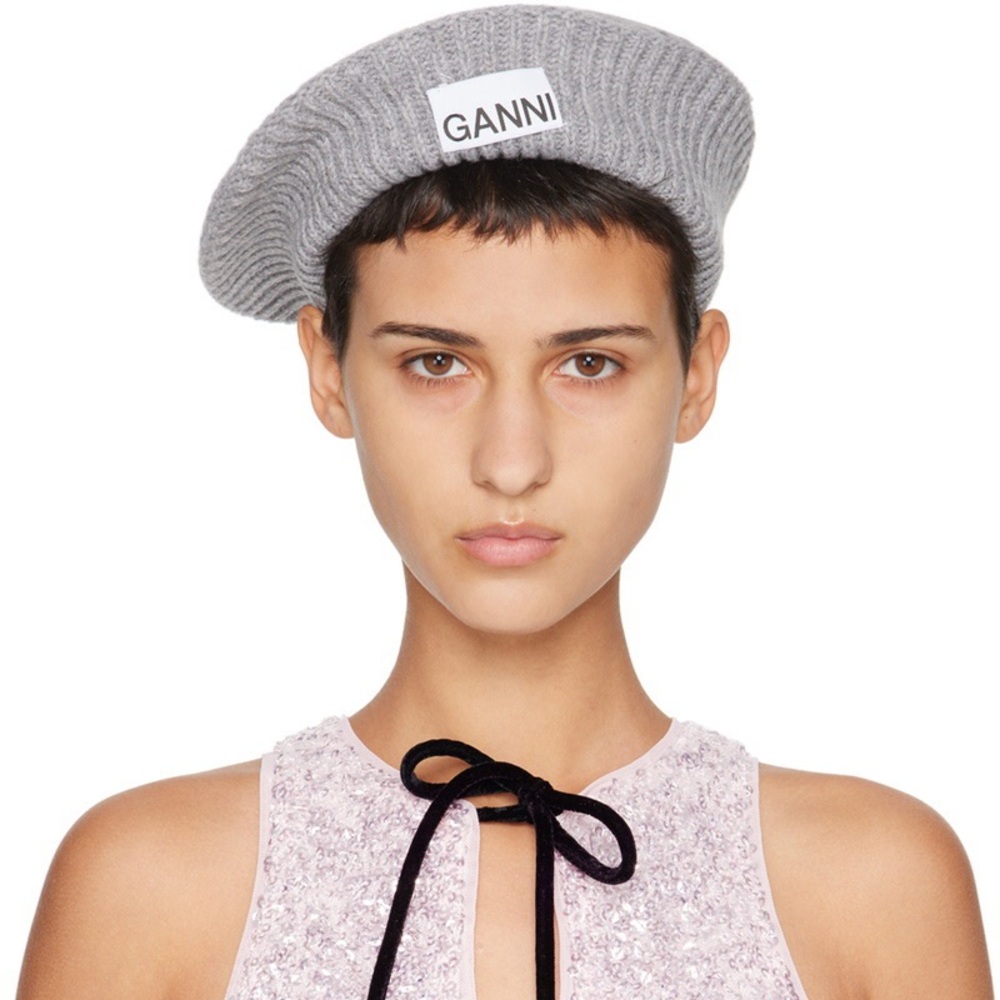 GANNI Wool Rib Knit Beret in Paloma Melange O/S
